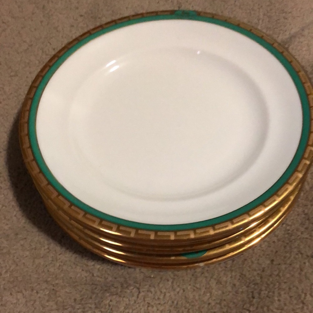 LANCEL 5 PIECE GOLD AND GREEN RIMMED PORCELAIN MINI PLATES FROM JAPAN